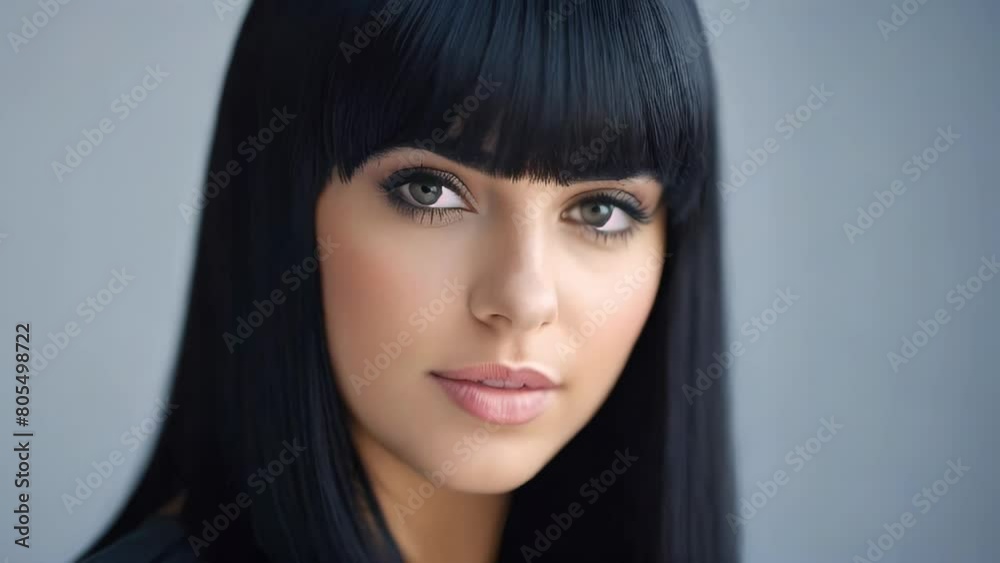Close-up portrait of a woman with sleek black hair and flawless skin. Her piercing eyes and dark hair contrast against a soft, neutral background, perfect for beauty and fashion editorials Close-up portrait of a woman with sleek black hair and flawless skin. Her piercing eyes and dark hair contrast against a soft, neutral background, perfect for beauty and fashion editorials