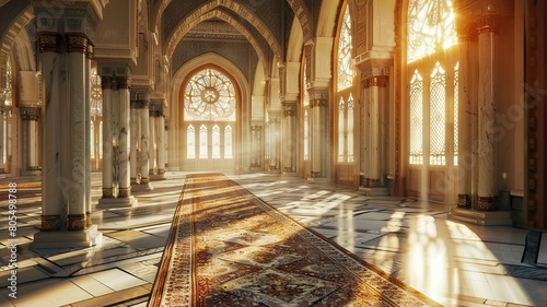 Daylight Illuminating the Intricate Designs and Spiritual Atmosphere of an Islamic Mosque photo