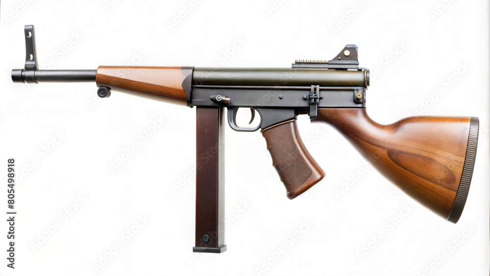Detailed vintage submachine gun with a wooden stock and magazine ...