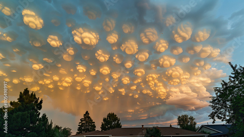 a stunning visual spectacle of rare mammatus clouds, lit by calming hues of setting sun. These bubble-like formations vary enchantingly against warm colors of sunset sky, creating a dramatic scenic po photo