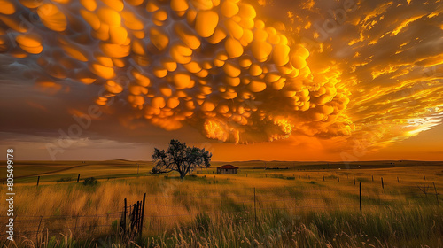 Golden Mammatus clouds. sky, dyed vibrant hues of orange by setting sun, is dotted with bubble-like mammatus clouds in rich contrasting shades that lend scene its surreal and otherworldly appearance. photo