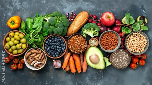 Fototapeta Naklejka Na Ścianę i Meble -  Top view of serving vegan balanced meal full of vitamins and proteins