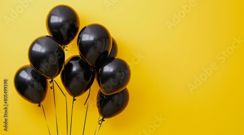 Black balloons on yellow background with copy space.