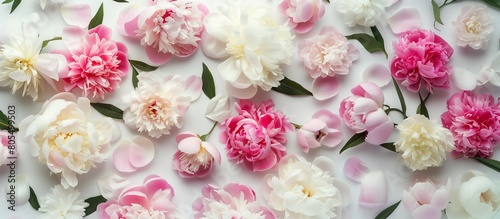 Scattered Pink and White Peonies, Paeonia officinalis, bright white Background, flat lay, banner design, wedding concept. photo