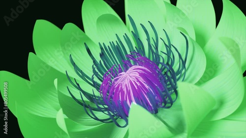 3D rendered floral composition featuring a central vibrant purple filament surrounded by soft green petals, set against a black background, showcasing a blend of natural and digital artistry