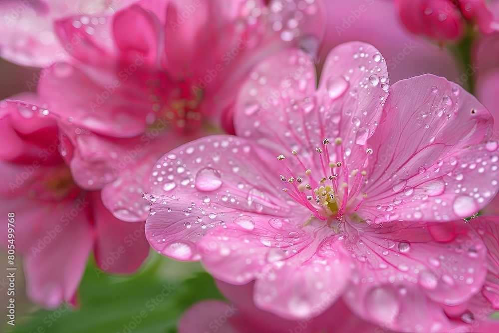 Delicate Pink Flowers Adorned with Fresh Morning Dew Delicate Pink Flowers Adorned with Fresh Morning Dew