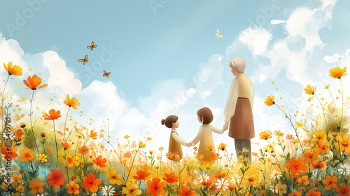 Sunny Afternoon: Grandparents and grandchildren enjoying a leisurely afternoon in a flower-filled garden, surrounded by fluttering butterflies and the soothing sounds of chirping b photo
