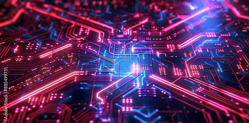 Abstract neon glowing futuristic circuit board background. Generate AI image