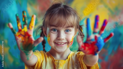 A young girl wearing a bright color shirt  shows her hands and palms painted in vibrant color in the Holi or Colors Festival isolated on a colorful background.