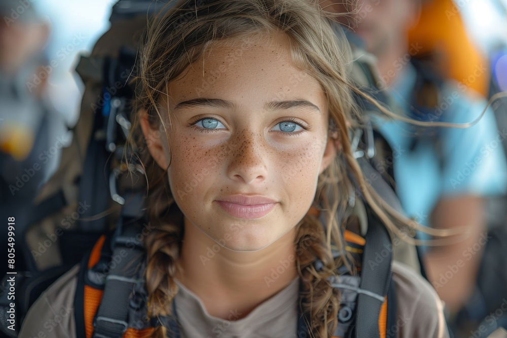 Close-up portrait of a young adventurous girl with a backpack and braided hair looking forward Close-up portrait of a young adventurous girl with a backpack and braided hair looking forward