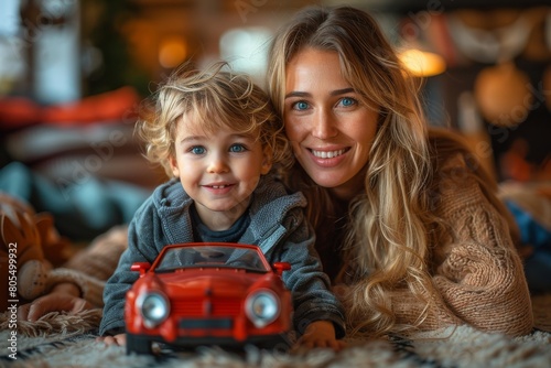 A portrait of a mother and her toddler both smiling while playing with a red vintage toy car in a warmly lit room