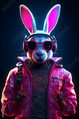 Neon Glowing Rabbit Rising in a Britpop Acidwave