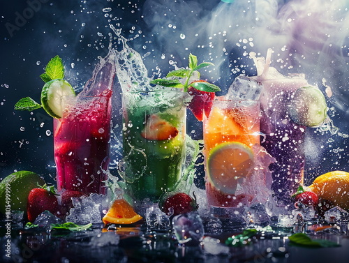 Beautiful and appetizing cocktails on a black background. Green, red and yellow cocktail