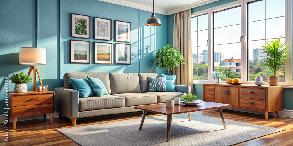 Sofa with coffee table by window in living room. Picture frame is on cabinet at home. Interior of modern bright apartment. Sofa with coffee table by window in living room. Picture frame is on cabinet at home. Interior of modern bright apartment.