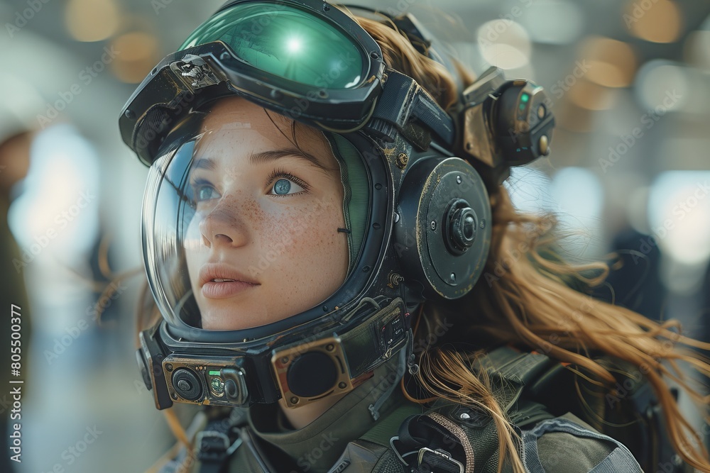 A young girl gives an inquisitive look while wearing a detailed and advanced space helmet A young girl gives an inquisitive look while wearing a detailed and advanced space helmet