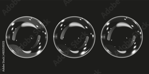 3D transparent round bubbles with refraction and glare. Vector illustration with soap foam isolated on dark background, glass liquid, liquid form, crystal glass ball, vector illustration
