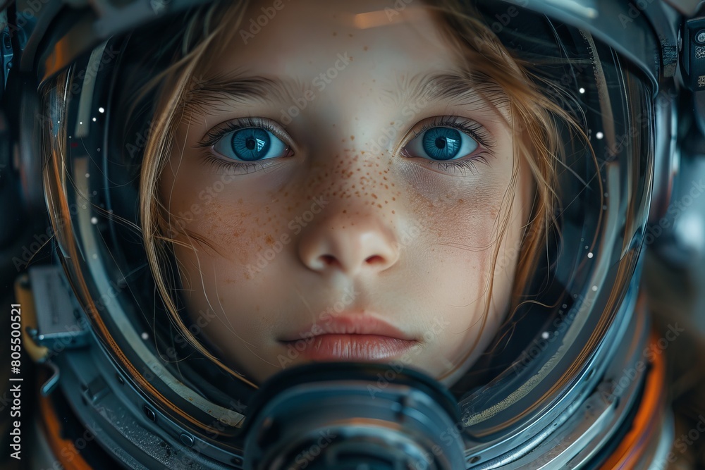 A child astronaut gazes upward, capturing a sense of wonder and ambition against a complex helmet backdrop