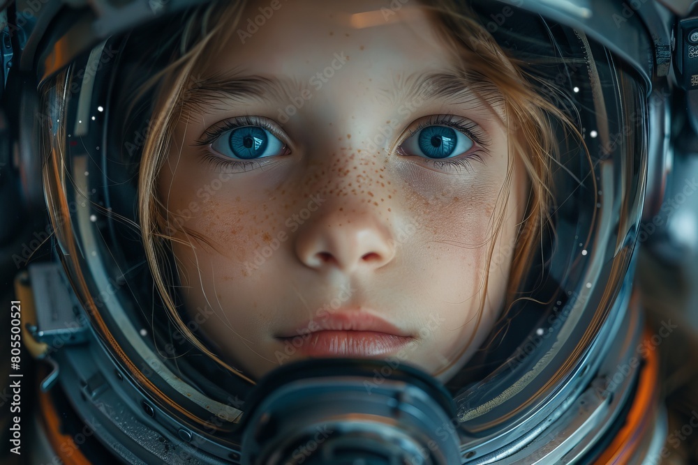 A child astronaut gazes upward, capturing a sense of wonder and ambition against a complex helmet backdrop A child astronaut gazes upward, capturing a sense of wonder and ambition against a complex helmet backdrop