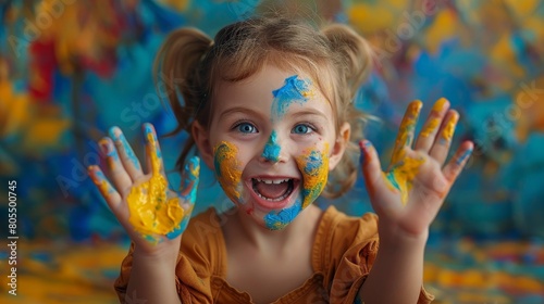 A young girl,wearing a bright color shirt, shows her hands and palms painted in vibrant color in the Holi or Colors Festival isolated on a colorful background. © Surachetsh