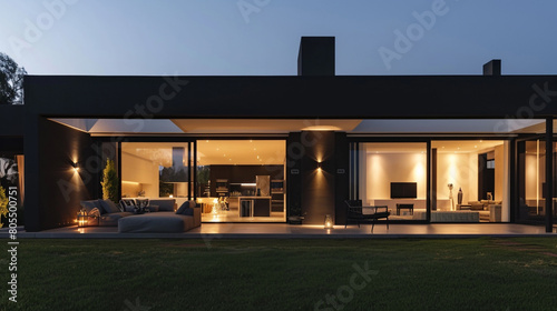 A contemporary house with sleek black and white themes at night, viewed from an elegantly lit backyard. Warm lights from inside the house shine through vast sliding doors, © Image Studio