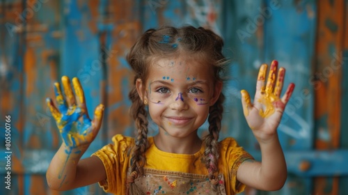 A young girl,wearing a bright color shirt, shows her hands and palms painted in vibrant color in the Holi or Colors Festival isolated on a colorful background.