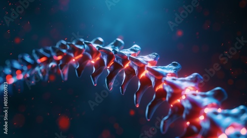 Dark blue backdrop with a 3D model of a spine showing inflamed areas in red