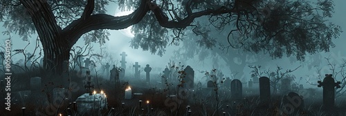 Graveyard Shrouded in Eerie Fog with Gnarled Branches and Flickering Candles under the Haunting Glow of the Full Moon