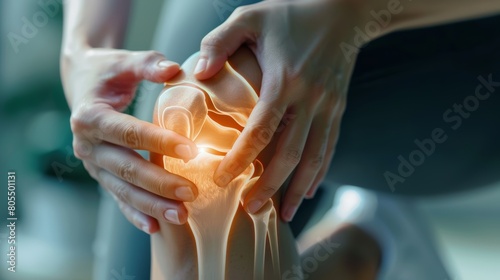 Close-up medical illustration of a knee joint with pain being held by a hand, injury highlights photo