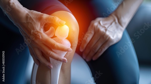 Close-up medical illustration of a knee joint with pain being held by a hand, injury highlights photo