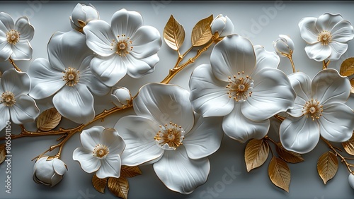 Stunning 3D relief showcases ivory white marble flowers on a tree with golden leaves and branches against a white background. Perfect for wall art  backdrops  wallpapers  and illustrations.