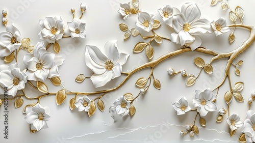 Stunning 3D relief showcases ivory white marble flowers on a tree with golden leaves and branches against a white background. Perfect for wall art  backdrops  wallpapers  and illustrations.