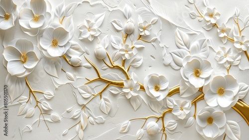 Stunning 3D relief showcases ivory white marble flowers on a tree with golden leaves and branches against a white background. Perfect for wall art, backdrops, wallpapers, and illustrations. © Suresh