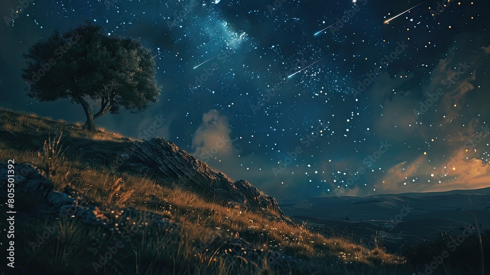 Experience the captivating beauty of the Perseid Meteor Shower in the sky, captured in a cinematic photography style. A stunning sky scene evoking relaxation, love, and freedom.