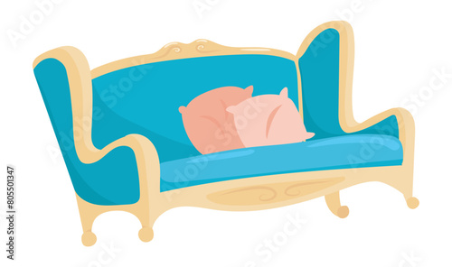 Royal sofa with cushions in flat design. Luxury vintage couch with pillows. Vector illustration isolated.