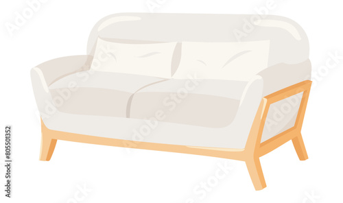 White sofa in flat design. Scandinavian couch with wooden legs and handles. Vector illustration isolated.