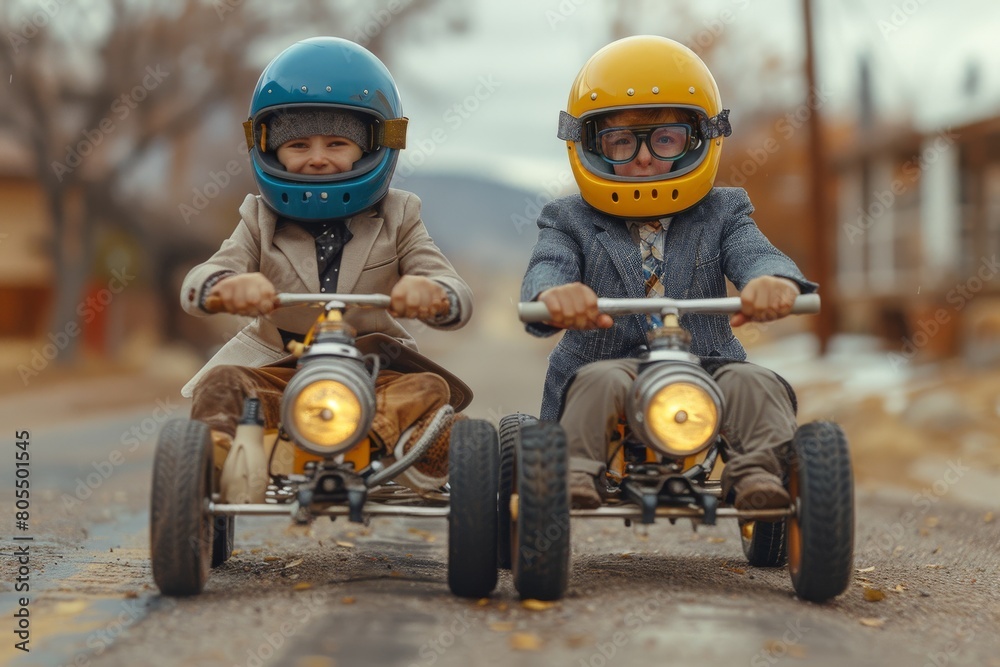 Obraz premium Children wearing colorful helmets compete in a playful go-kart race down a suburban street