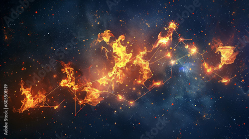 A constellation made of fire, with each star a flickering flame set against the cosmic backdrop of the night. This celestial fire map connects the flames into familiar patterns, 