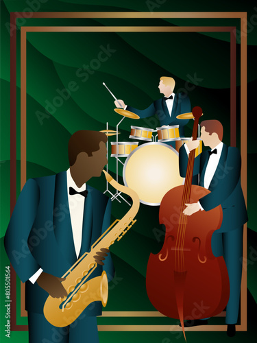 Jazz musicians on a universal background. Double bass, saxophone, drum. Musicians play musical instruments
