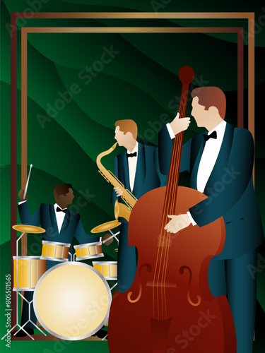 Jazz musicians on a universal background. Double bass, saxophone, drum. Musicians play musical instruments