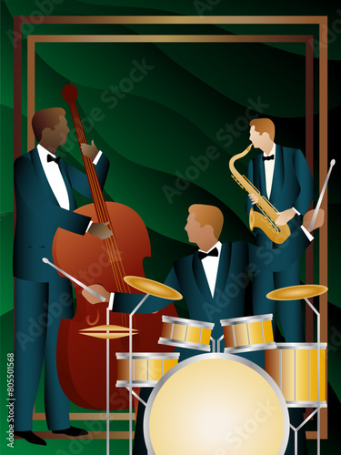 Jazz musicians on a universal background. Double bass, saxophone, drum. Musicians play musical instruments