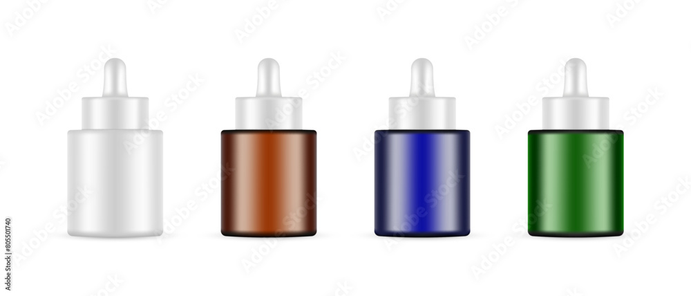 Set Of Small Dropper Bottles, Front View, Isolated On White Background. Vector Illustration Set Of Small Dropper Bottles, Front View, Isolated On White Background. Vector Illustration