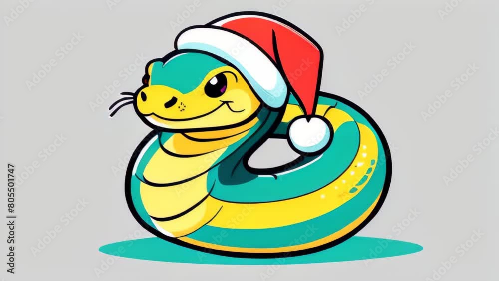Cute and colorful cartoon snake wearing a Santa hat, ideal for fun holiday greetings or children's festive decorations. This illustration captures the playful spirit of the season