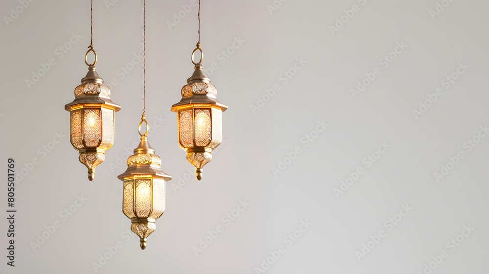 Hanging golden ramadhan lanterns, simple light brown ornament, white color with ample copy space for text and design Hanging golden ramadhan lanterns, simple light brown ornament, white color with ample copy space for text and design