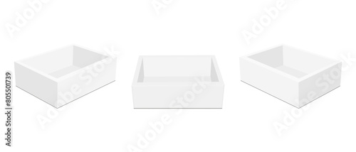 Paper Tray Boxes, Empty Mockup, Front, Side View, Isolated On White Background. Vector Illustration