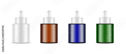 Set Of Small Dropper Bottles, Front View, Isolated On White Background. Vector Illustration