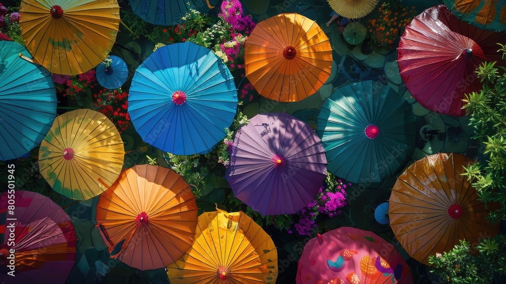 Experience the vibrant spectacle of colorful umbrellas from a top view, perfect for cinema photography with ultra-high resolution capturing rain and sunshine.