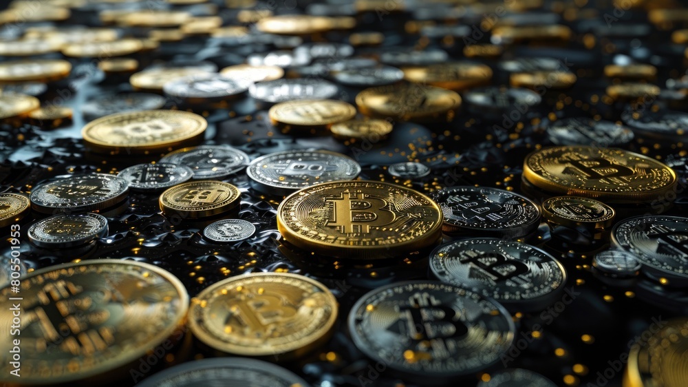 Dive into the world of cryptocurrency with a background of scattered coins, portraying the concept of Bitcoin mining and Blockchain technology. 3D illustration. Dive into the world of cryptocurrency with a background of scattered coins, portraying the concept of Bitcoin mining and Blockchain technology. 3D illustration.