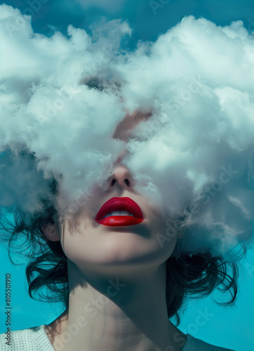 Woman with head in the clouds, blue background, red lipstick, surreal photography