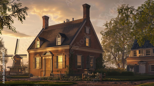 A colonial Dutch-style home at sunrise, its gambrel roof and brick facade bathed in the soft light, with a traditional windmill in the background,  photo