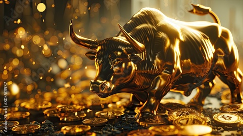 Experience the Bull Market in Cryptocurrency with a golden bull statue against a backdrop of scattered coins  depicting Bitcoin mining and Blockchain technology. 3D illustration in cinematic style.
